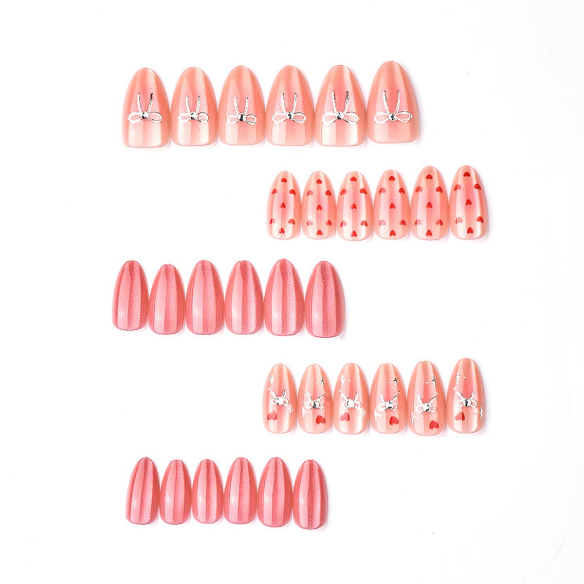 Pink Medium Almond Press on Nails - Cat Eye Fake Nails with Heart | Silver Bow Designs False Nails Glitter Glue on Nails Reusable Full Cover Stick on Nails for Women Manicure 24Pcs