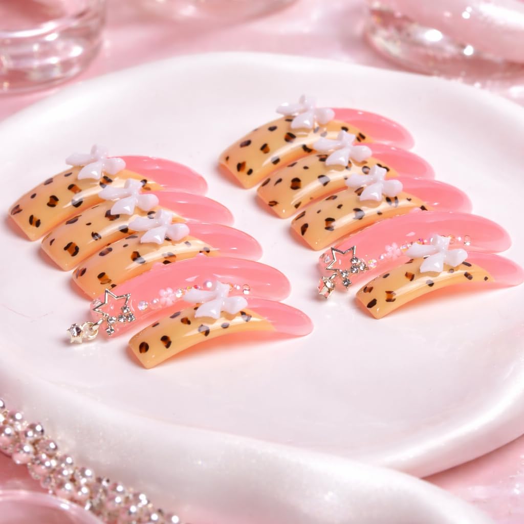 IntoVibes 10 Pieces Handmade Luxury Long Press On Nails With Curved Design, Bowknot And Leopard Prints, Pink Thickened False Nails, Reusable Fake Nails, Square Acrylic Nails (S)