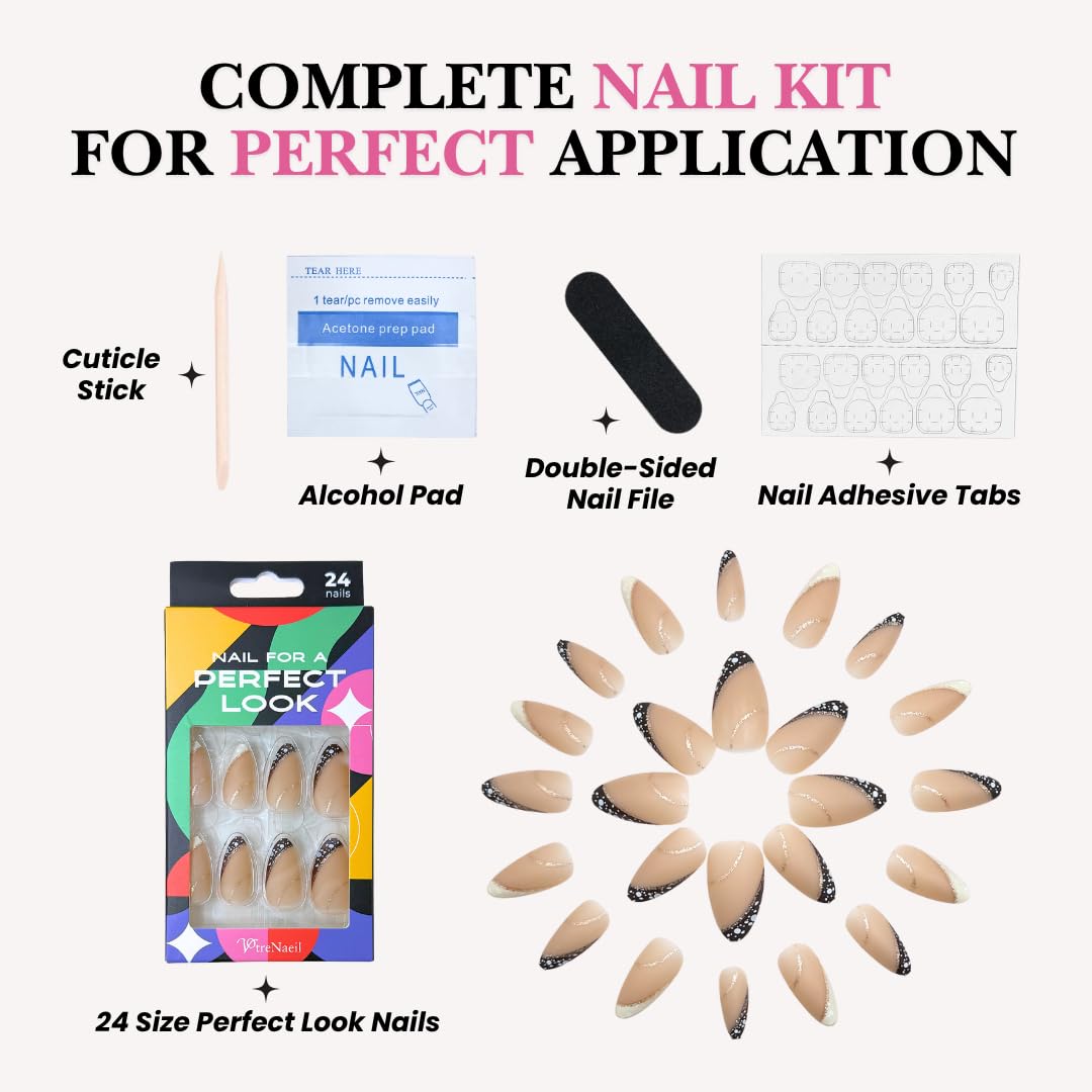 PerfectLook Press On Nails - Soft Tweed | No Glue Almond Matte Nude Nails with Black & White French Tips for Daily - 24 Pcs Nail Kit with Adhesive Tabs