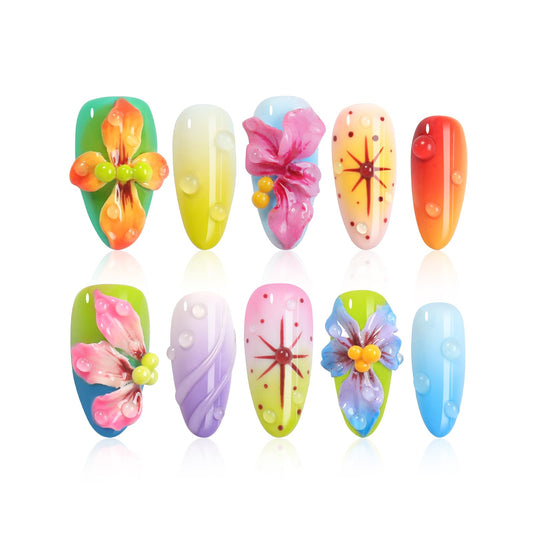 HOMSERA Handmade Press On Nails Almond, French Tips with 3D Flowers Water Droplets Design Short Fake Nails, Salon-Quality Reusable, 10Pcs Includes Adhesive Pads & Nail File, Women's Fall/Winter Gift