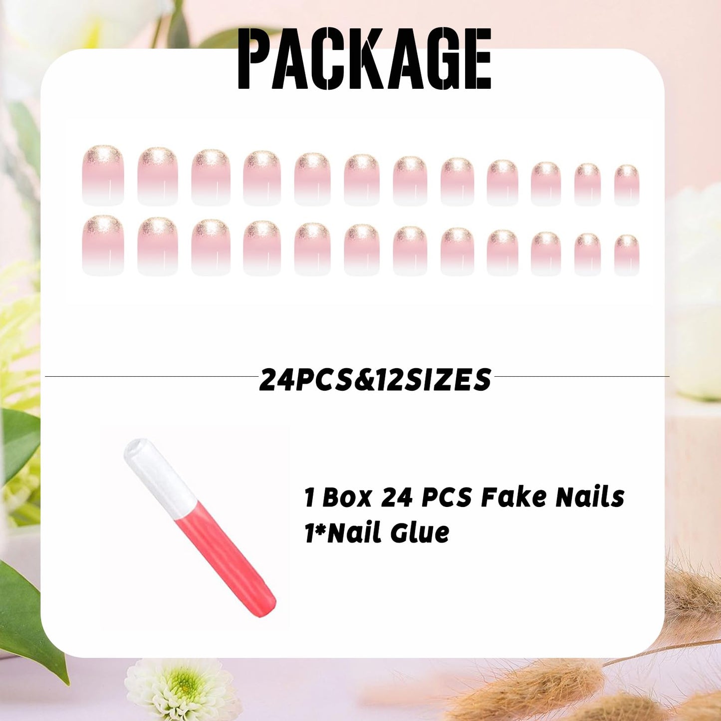 IMSOHOT Press on Nails Short Square Fake Nails Glossy White Nude Gradient Acrylic False Nails Full Cover Stick on Fingernails Glitter Gel Glue on Nails for Women Girls