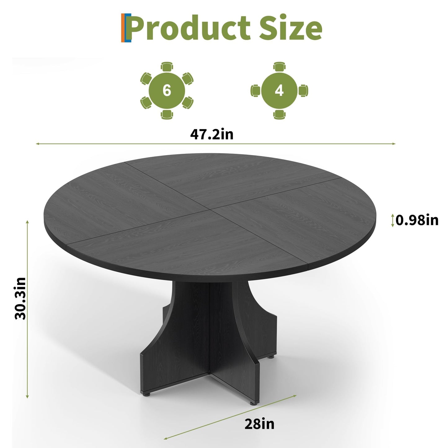 Round Dining Table 47 Inch for 4-6 People, 0.98 Inch Thick Tabletop with Adjustable Feet, Sturdy Legs, Easy to Clean & Assemble, Modern Kitchen Dining Room Table for Small Space Apartment, Black