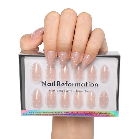 Nail Reformation Press On Nails, Milk Dots | Polka Dot Short Almond Fake Nails on Pink Shimmer Base in Glossy Finish, Reusable Stick On False Nails in 16 Sizes - 32 Nail Kit with Glue, Gifts for Women
