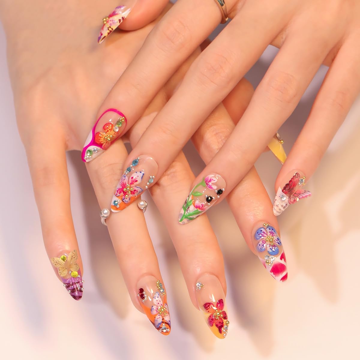 24Pcs Colorful Flower Press on Nails Medium Almond Fake Nails with 3D Butterfly Rhinestones Design Handmade False Nails Spring Summer Acrylic Nails Cute Floral Nails Stick on Nails for Women