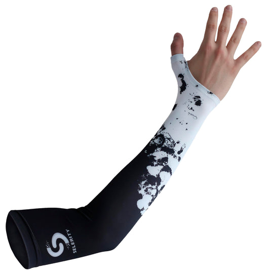 Selerity Gaming Arm Sleeve PC Sport open glove thumb hole compression esports gamers sleeve Paints Spray, White Black, Medium