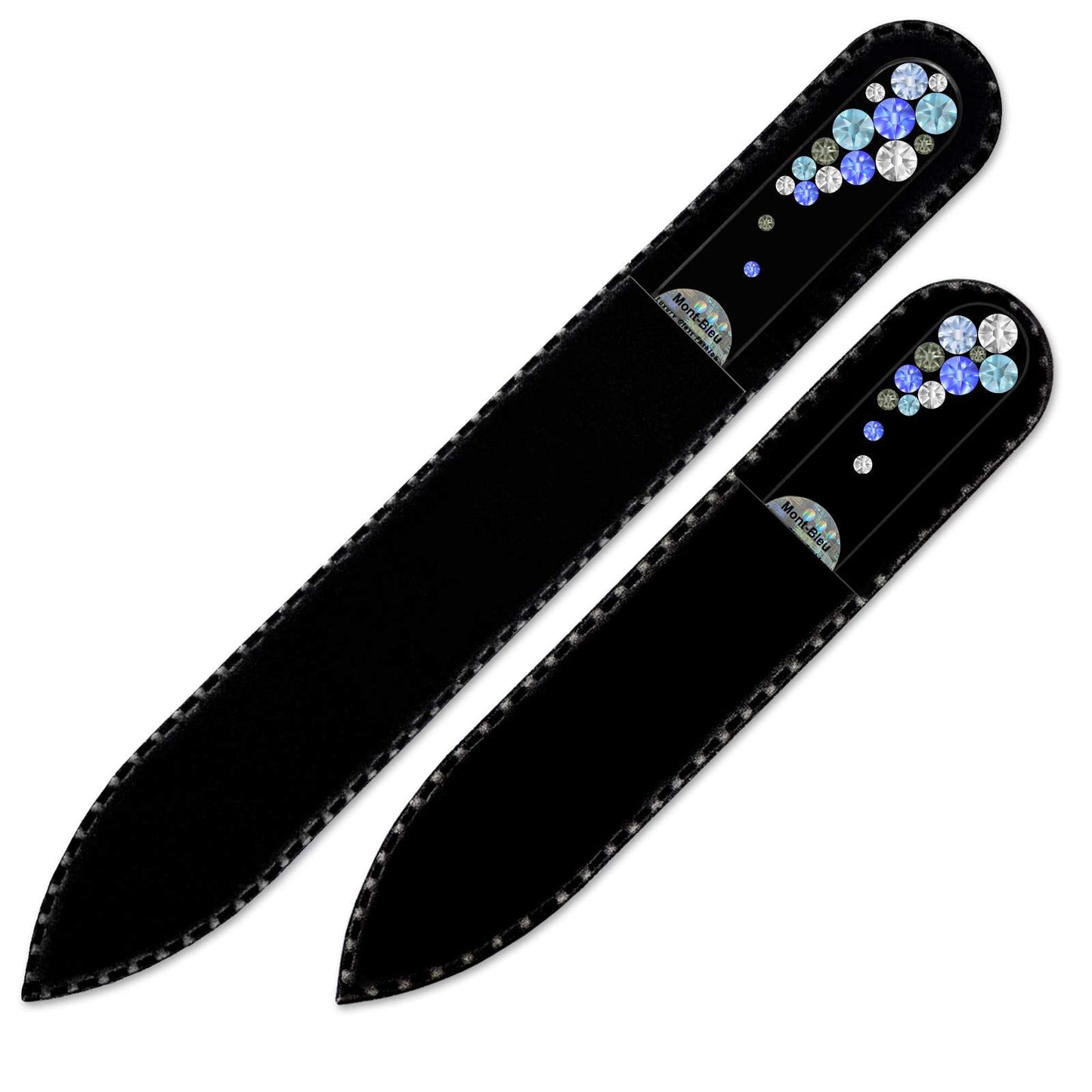 Mont Bleu Premium Set of 2 Glass Nail Files Hand Decorated with Crystals - in Black Velvet Sleeve - Genuine Czech Tempered Glass - Mothers Day Gifts - Fingernail File for Natural Nails