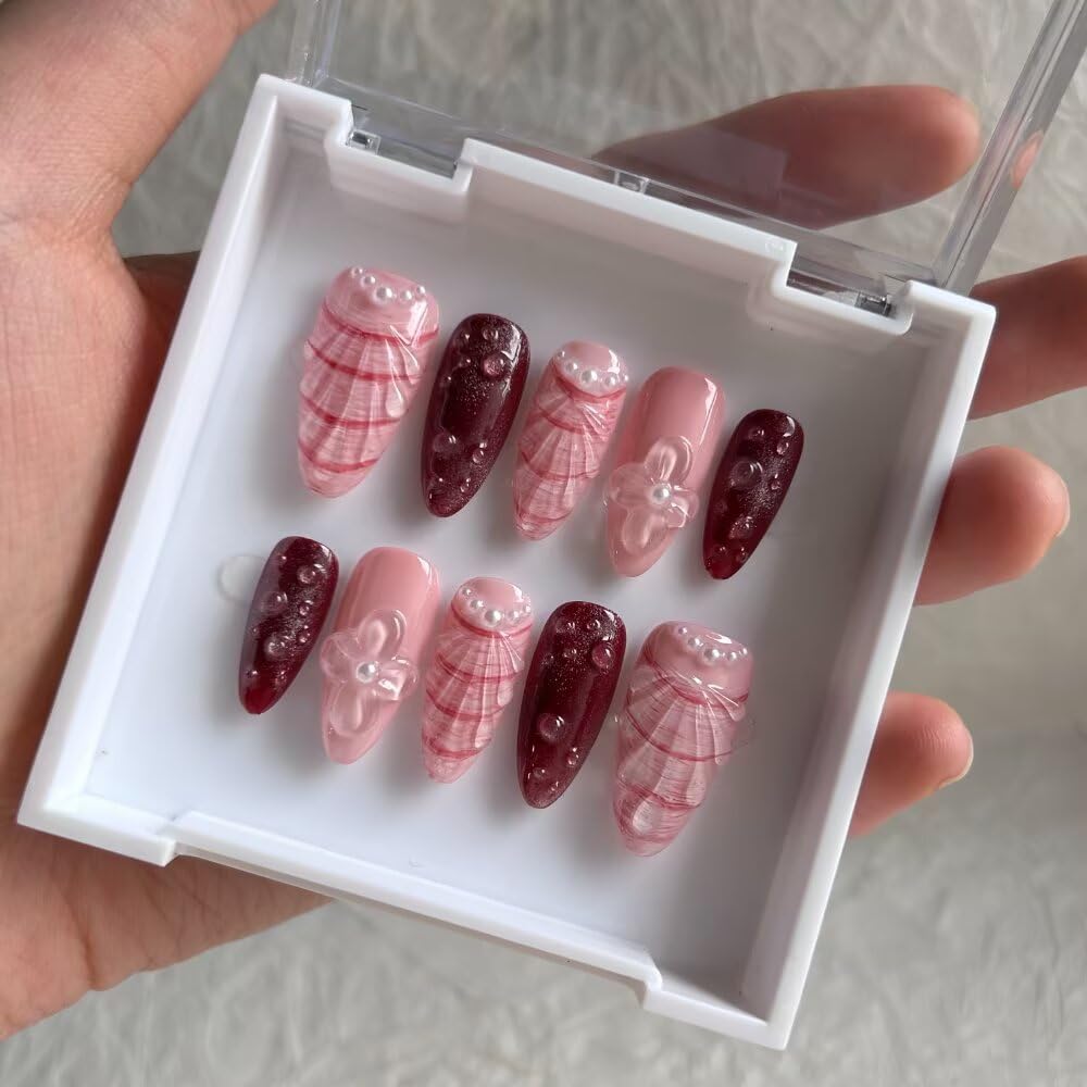 10 Pcs Press on Nails Medium Almond Fake Nails, 3D Pink Shell Design Full Cover Stick on Nails, Handmade Artificial Acrylic Nails for Women with Nails File Set (Size S)