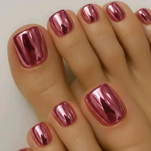 24Pcs Pink Press on Toenails for Women, Rose Pink Chrome Fake Toenails Solid Color Metal Plating False Toenail Summer Reusable Glue on Toenails Shiny Holographic Toenail Decorations Accessories