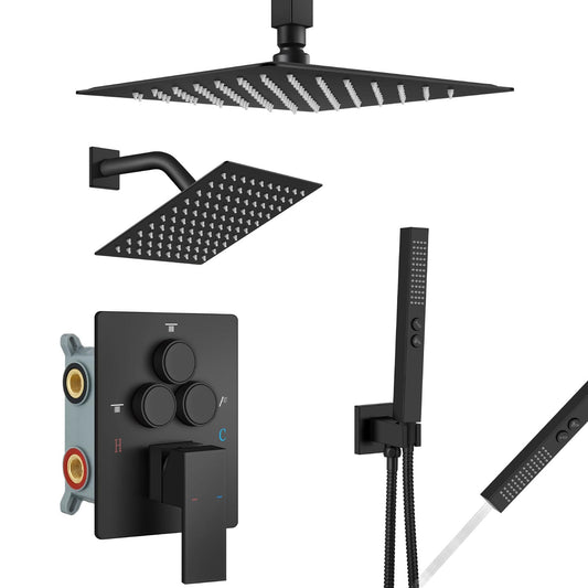 Aolemi Shower Faucet Set Ceiling Mount Shower System Rough-in Valve and Shower Trim Kit 2 in 1 Handheld Spray Push Button Diverter 10 and 6 Inch Dual Shower Head Matte Black
