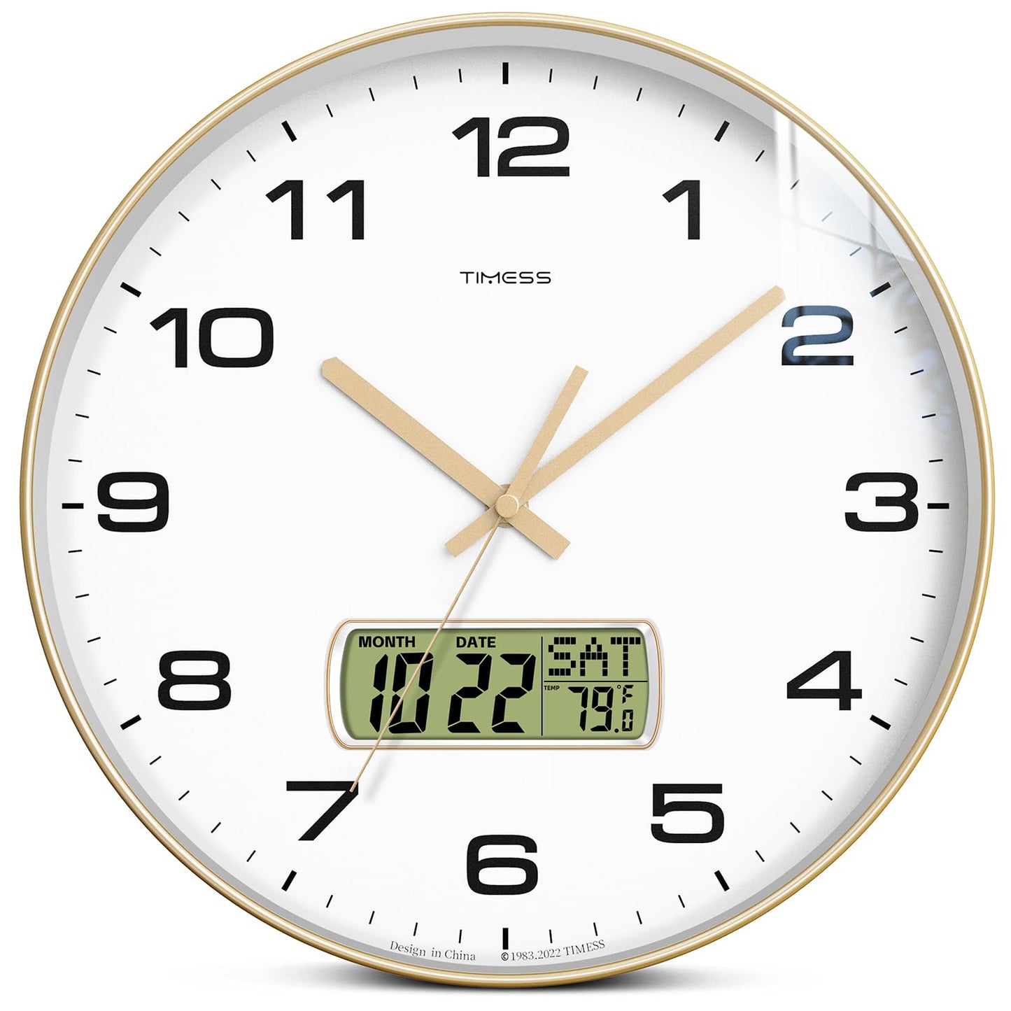 TIMESS Wall Clock, 12" Dial Non-Ticking Silent Battery Operated Analog with LCD Display for Perpetual Calendar and F° Temperature, Ideal Modern Home, Bedroom, Kitchen, Office Decor (Gold)