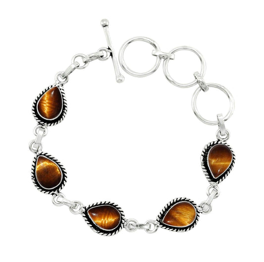 Natural Tiger Eye Silver Plated Link Bracelet for Women - Brown Stone November Birthstone Handmade Vintage Style Adjustable Bracelet - Anniversary Wedding Gifts for Her