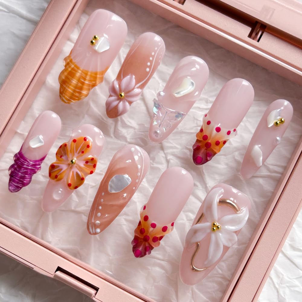 MAGLFELL Press on Nails - Handemade Long Almond Fake Nails, Unique 3D Glossy French Design False Nails, Luxury Stick On Nails for Women, 10 Pcs Acrylic Handmade Fingernails (Size L)