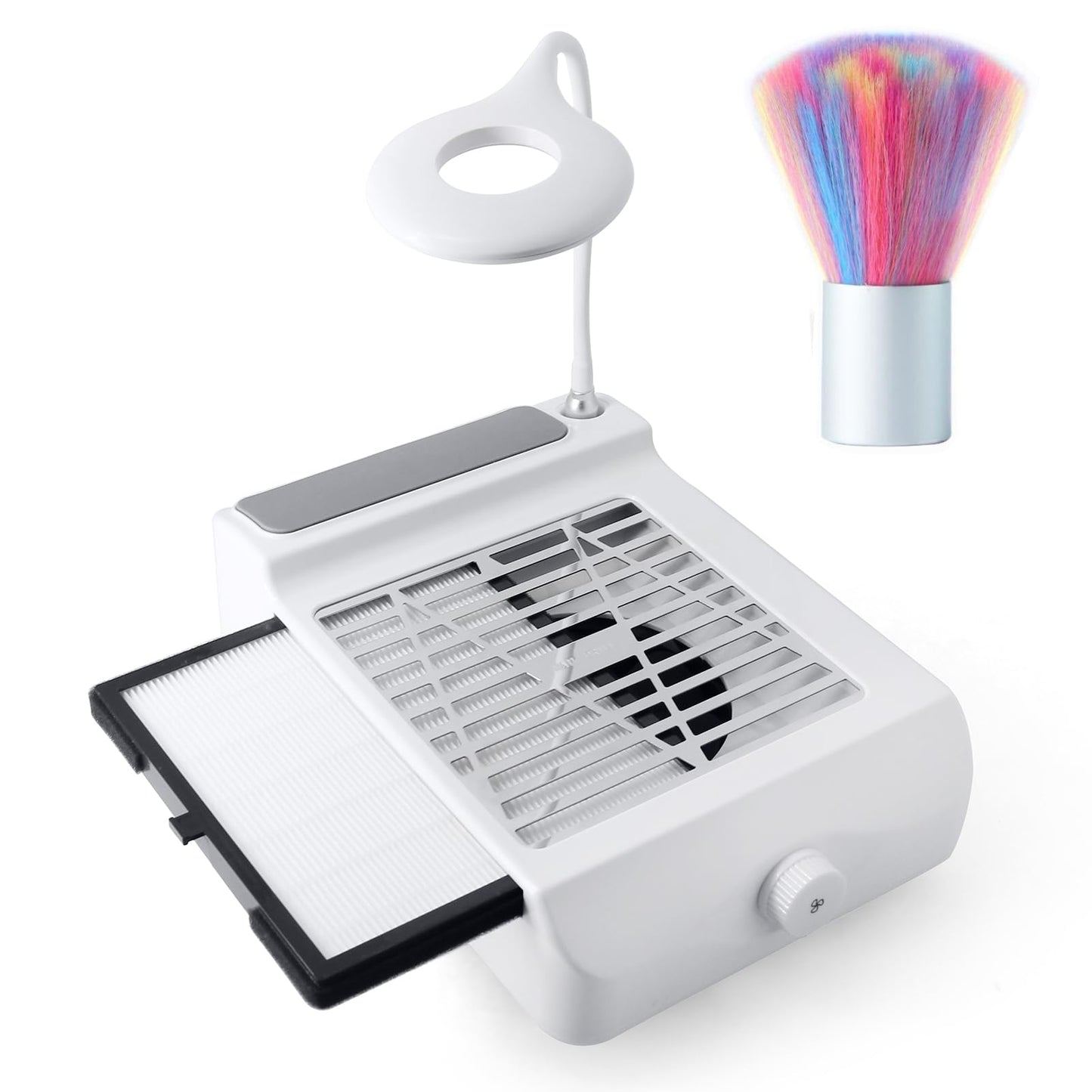 Nail Dust Collector Low Noise, AONOLOVO Powerful Nail Vacuum Dust Collector Suction Fan with Lamp for Nail Tech Acrylic Nails Gel Dip Powder Removal, with Nail Dust Brush, 03-White