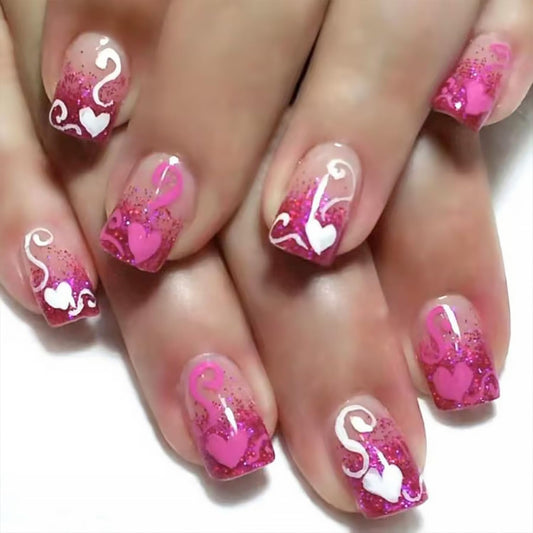 24Pcs Valentine's Press on Nails Short Square French Tip Fake Nails Romantic Heart False Nails with Pink Glitter Nude Full Cover Artificial Glue on Nails Cute Valentines Stick on Nails for Women