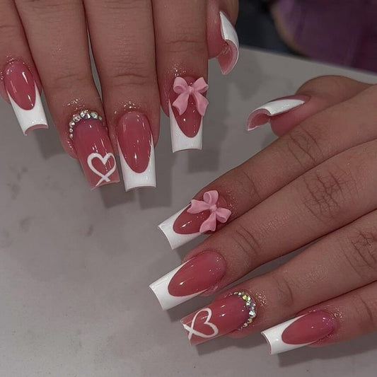 Heart Press on Nails Medium Square Artificial Acrylic French White Fake Nails 3D Bow with Translucent Love Full Cover Glossy Rhinestones Valentines Artificial Fingernails Stick on Nail for Festival