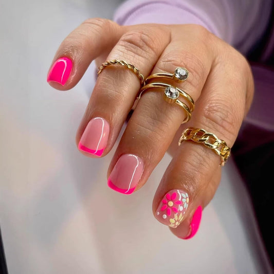 Floral Medium Square Press on Nails Nude Base Neon Pink Floral Accents French Tip Details Glossy Finish Reusable Spring Nails Easy Apply Fashion Party Wear Durable Trendy Women Girls Nail Art 24 Pcs