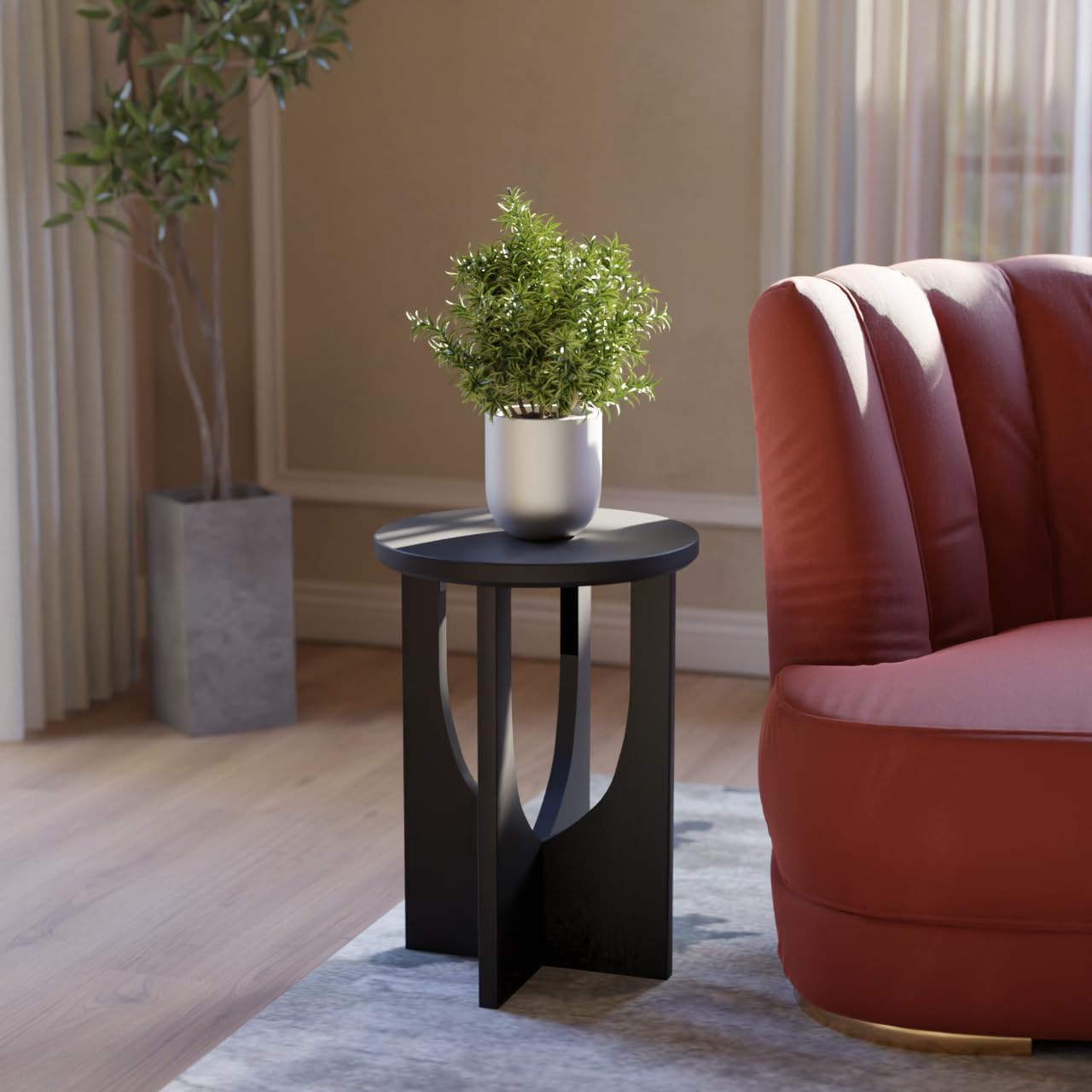 Stupa Solid Wood End Table – 22" Tall Round Side Table for Living Room or Bedroom, Handcrafted Accent Table in Distressed Black Finish, Easy Assembly, Modern Minimalist Design for Small Spaces