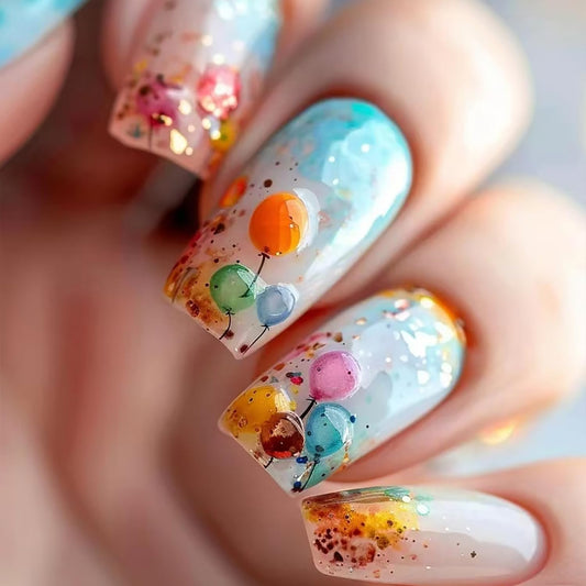 LOPMNGHT Colorful Ballon Press on Nails Medium Length Gradient French Stick on Nail Press Ons with Design Full Cover Artificial False Nail Glossy Reusable Acrylic Manicure Glue on Nails for Women