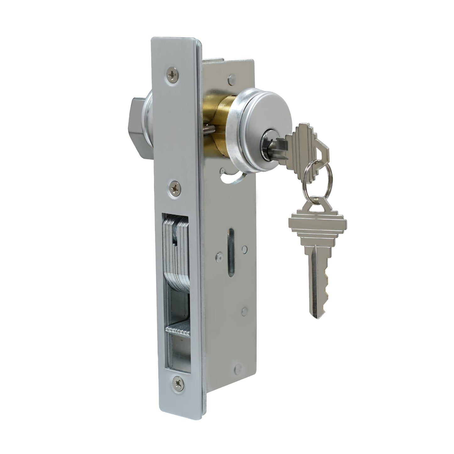 Storefront Door Mortise Lock Set, Commercial Aluminum Mortise Lock with Hook Deadbolt & Solid Brass Cylinder, Keyed, 1-1/8" Backset,Silver