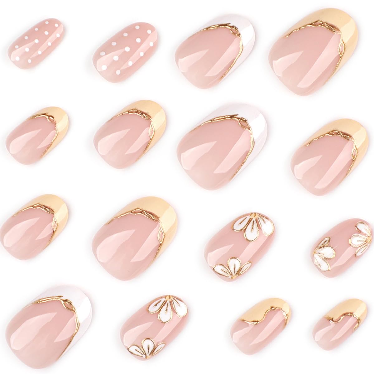 French Tip Press on Nails with Gold Line & White Flower Designs, Short Oval Cute Polka Dot Fake Nails, Spring Summer False Nails, Reusable Stick on Nails for Women Manicure 12 Sizes - 24 Pcs