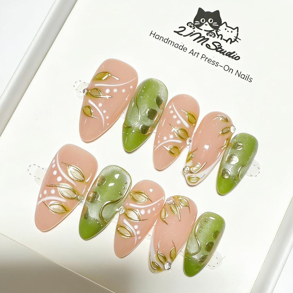 2IM Studio Handmade Press On Nails, Elegant Nude 3D Floral French Tip with Pearl Rhinestones, Almond Medium Length Full Cover Thick Reusable Acrylic Nail Kit for Women 10PCS (Gilded Leaf-S)
