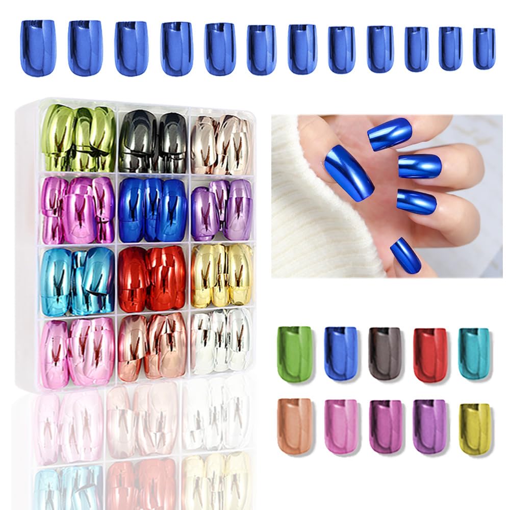 288 Pcs Metallic Press on Nails for Women, 12 Colors Mirror Chrome Finish Fake Nails, Medium Square Shape Glue on Nails, Gold Silver Pink Blue Purple Red False Nails Set with Storage Box