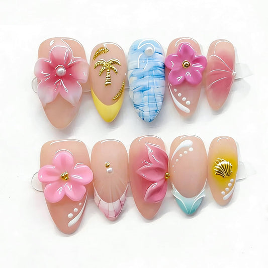 10 Pcs Handmade Press on Nails Medium Almond Thick Acrylic Nails with Glue,Tropical Art Fake Nails with Colorful Flowers Designs Nature Stick on Nail False Nails for Women(S)