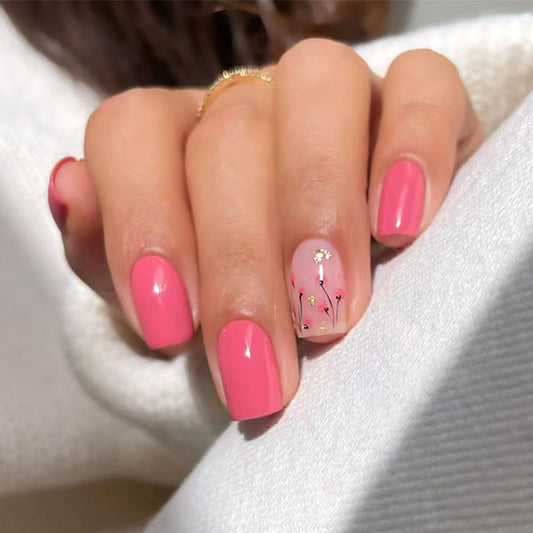 Pink Press on Nails Short Square Fake Nails with Gold Glitter Designs 24Pcs Pink Flower Press on False Nails Glossy Acrylic Glue on Nail Spring Summer Floral Stick on Nail for Women