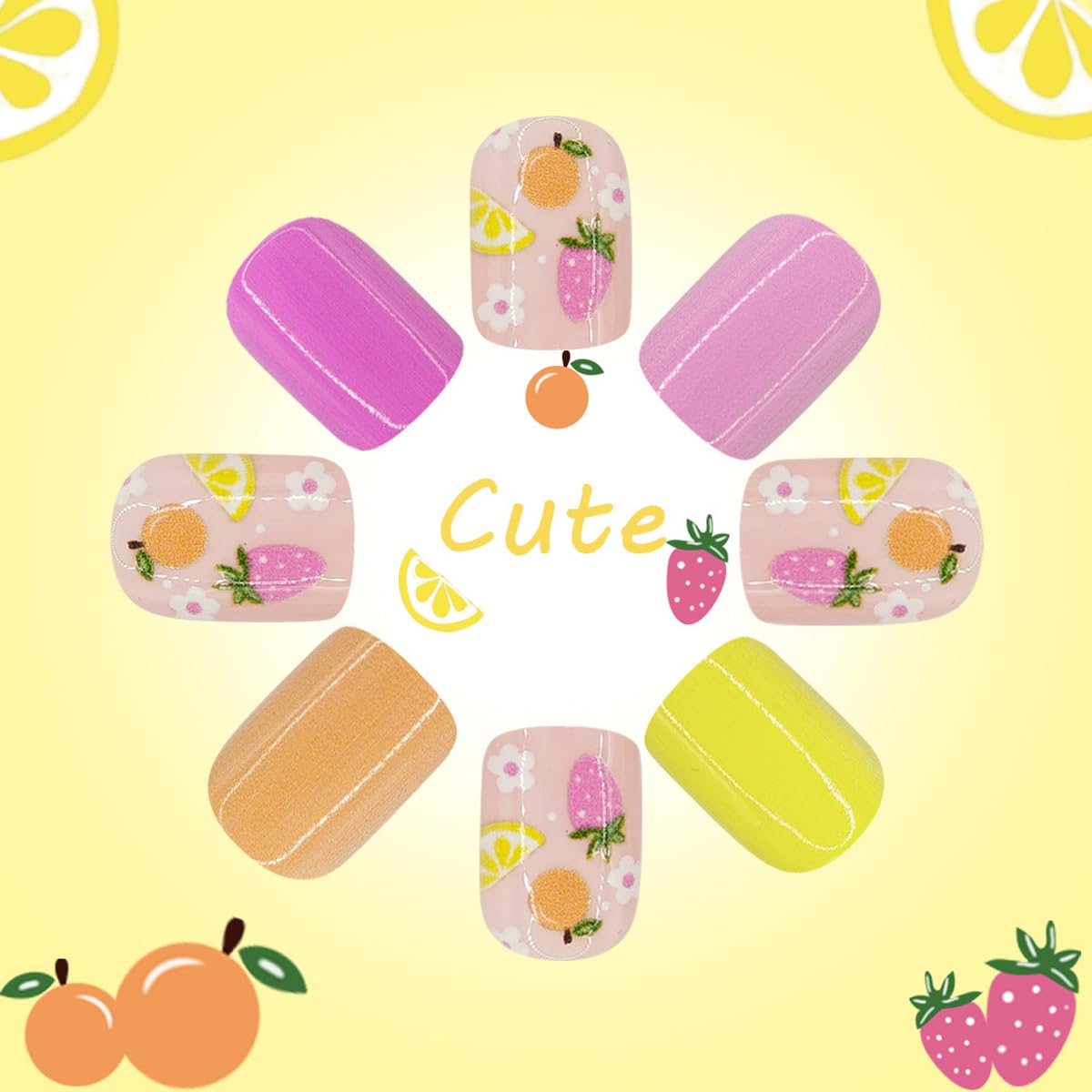 Short Square Press on Nails - Pink Yellow Fake Nails with Fruit Lemon & Strawberry Design, Spring Summer Full Cover Stick on Nails for Women Manicure 24 Pcs
