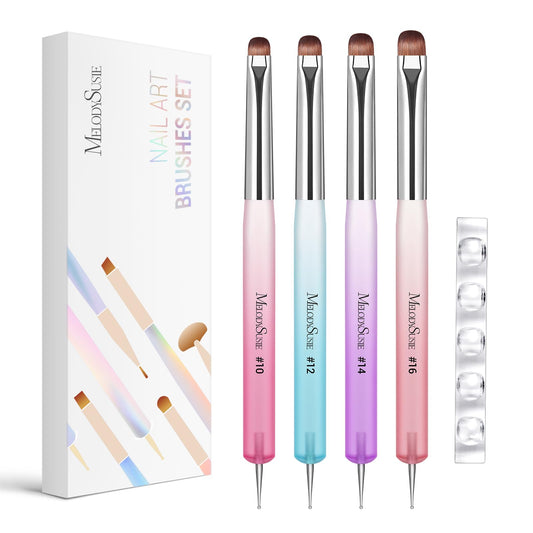 MelodySusie 4Pcs Dual-Ended French Nail Brush and Dotting Pen Set, Size #10#12#14#16 with Brush Holder, for French Tips Nail Clean Up and Nail Dotting