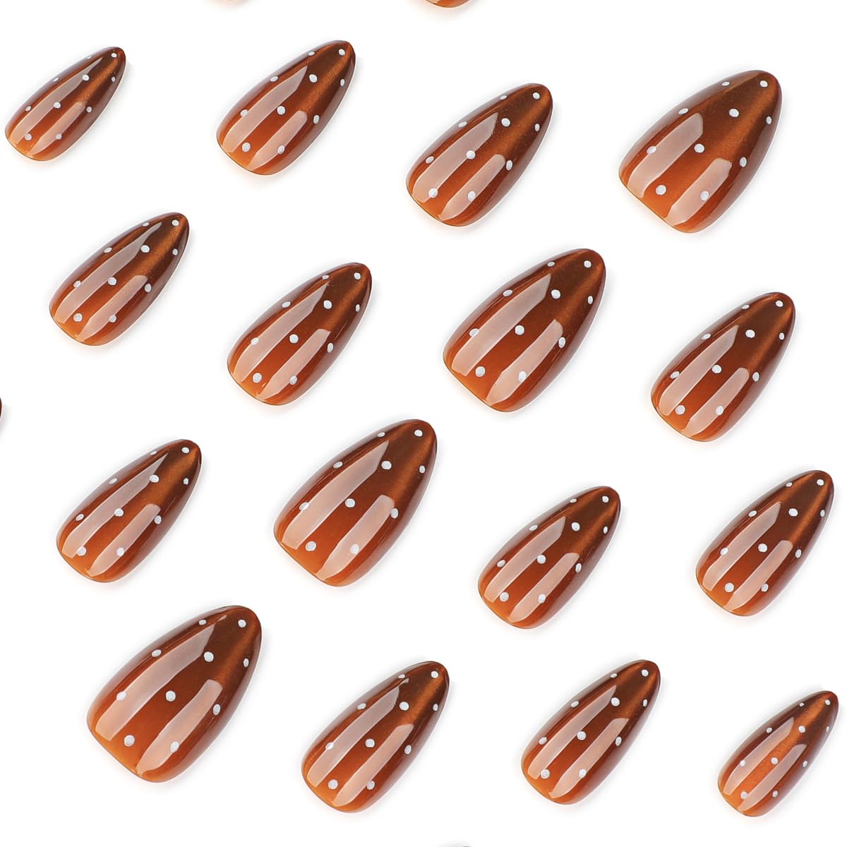 Brown Cat Eye Press on Nails - Medium Almond Fake Nails with Polka Dot Designs False Nails Glossy Glue on Nails Reusable Full Cover Stick on Nails for Women Manicure 24Pcs
