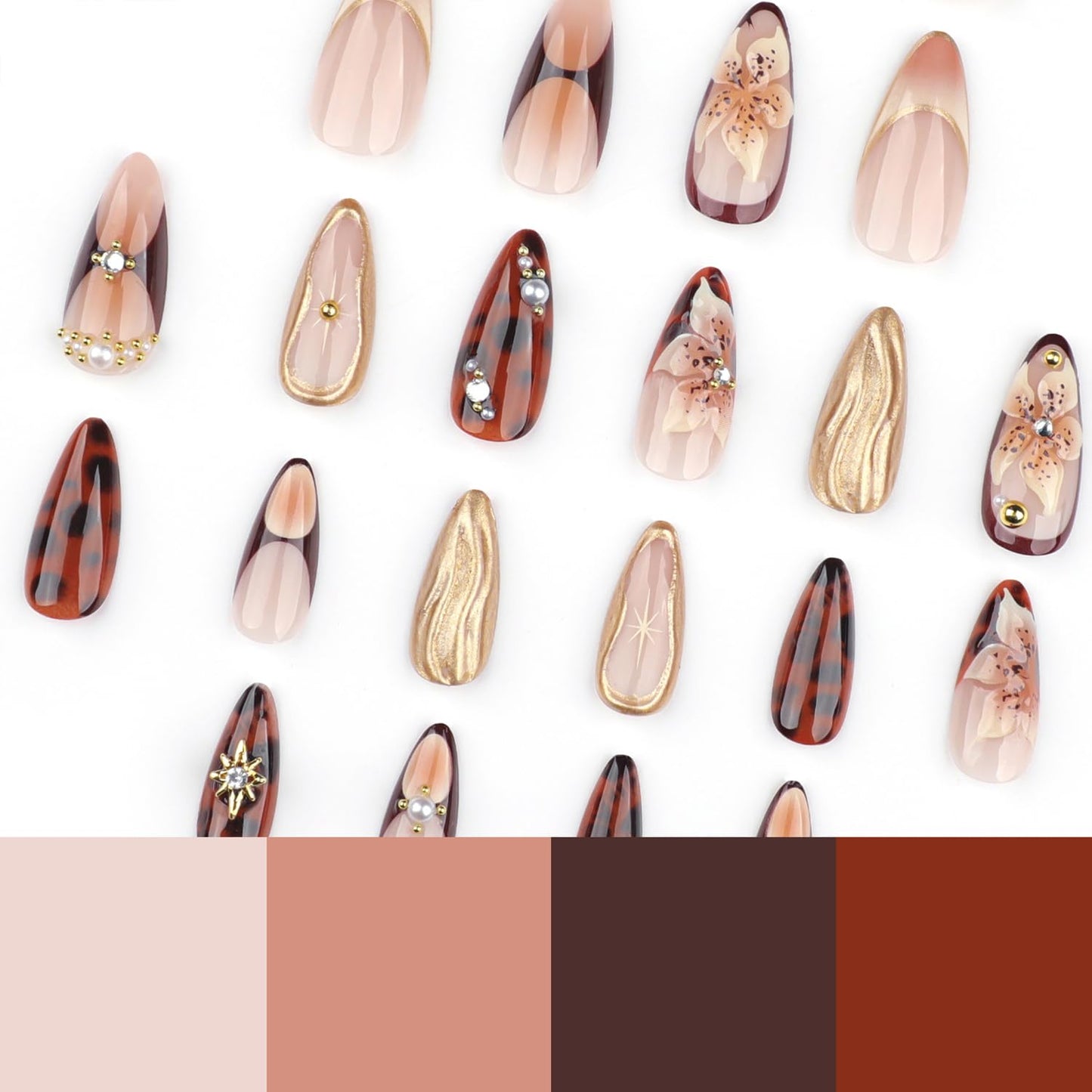 24Pcs Almond Press on Nails Medium Fake Nails with Brown Flower Designs French Nails Star Press ons Pearl Jewelry Glue on Nails 3D Gold Texture False Nails Acrylic Nails Cute Stick on Nails for Women