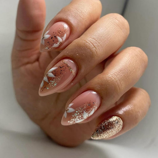 24Pcs Press on Nails Short Almond Shape Fake Nails with Flower Designs Glitter Gold Press ons Full Cover False Nails Glue on Nails Acrylic Nail Kit for Women Manicure Art Decorations