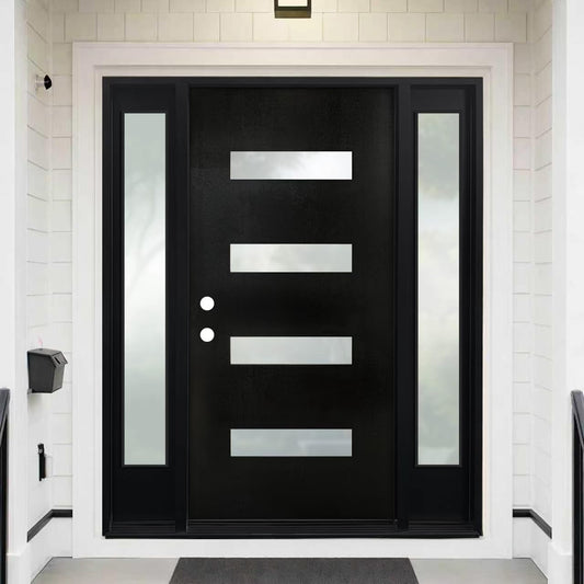 Front Entry Door with Sidelite, Fiberglass Entry Door with Sidelite, 68 x 80 Contemporary Onyx Stain Mahogany-Grain Front Door, 4-Lite Frosted Glass Design, Right-Hand Inswing-Dual 14 in. Sidelites