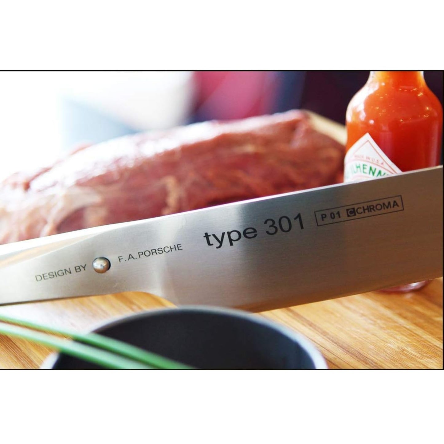 Chroma P01 Chef’s Knife Type 301 by F.A. 10″ Professional Kitchen Knife Japanese 301 Steel Blade Razor Sharp, Ergonomic Steel Handle Chopping, Mincing, Dicing, Crushing Hostess Cooking Gifts