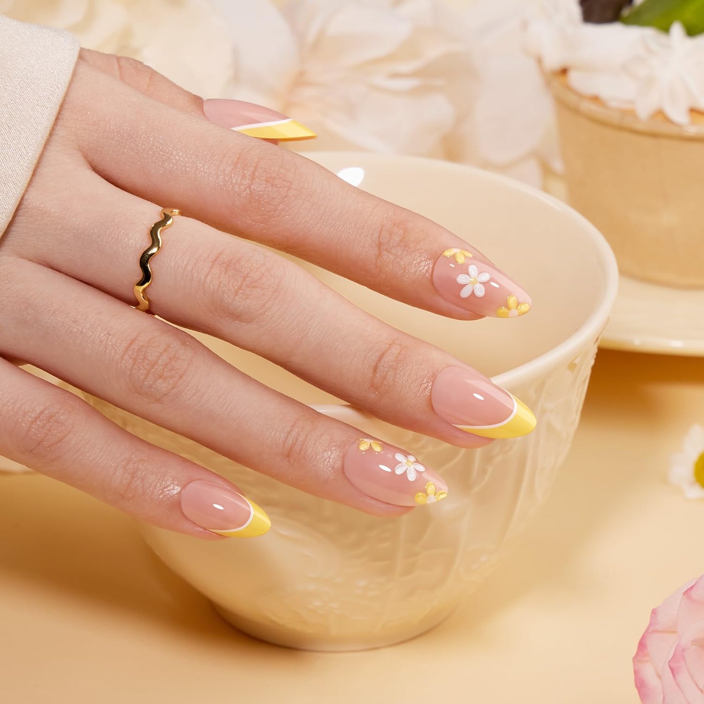 VSALON Press on Nails Short Almond - French Tip Lemon Yellow 3D Flower Design Fake Nails Kit, Floral Spring Summer Salon Gel Glue on Nails with Glue & Cuticle Oil - 32 PCS Stick on Nails in 16 Sizes