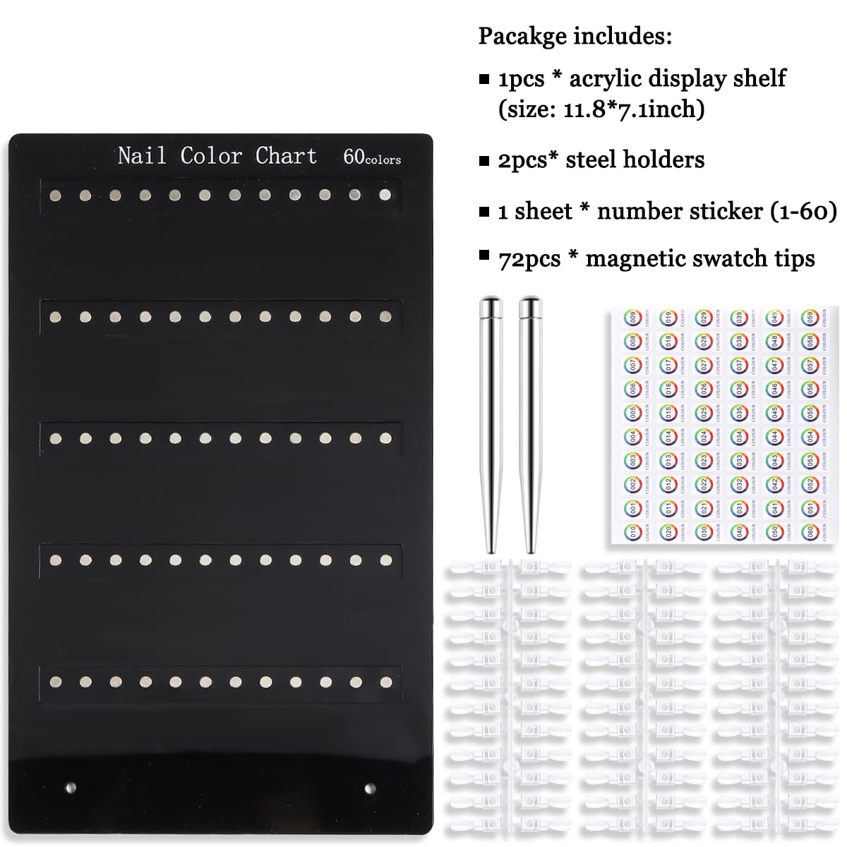 FSpronail 60Colors Magnetic Nail Swatch Book, Rectangle Acrylic Detachable Nail Polish Color Display Stand Gel Polish Sample Chart Board Showing Shelf with False Tips Number Stickers Salon Supplies