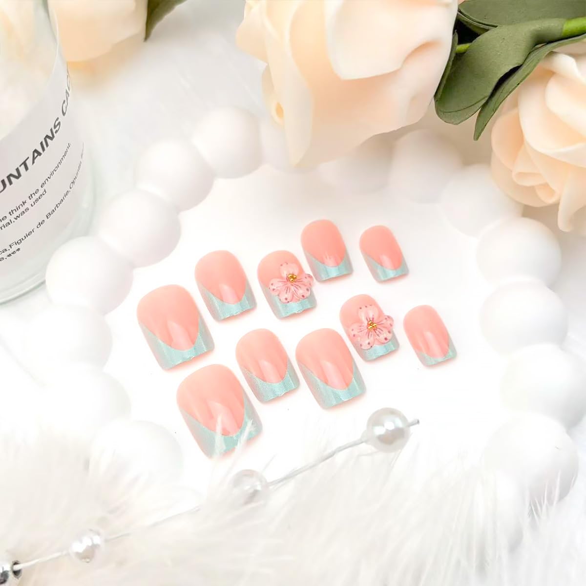 24Pcs Blue French Tip Press on Nails Short Square Fake Nails Pink 3D Flower False Nails with Gold Rhinestones Design Spring Summer Glue on Nail Full Cover Artificial Stick on Nails for Women Manicure
