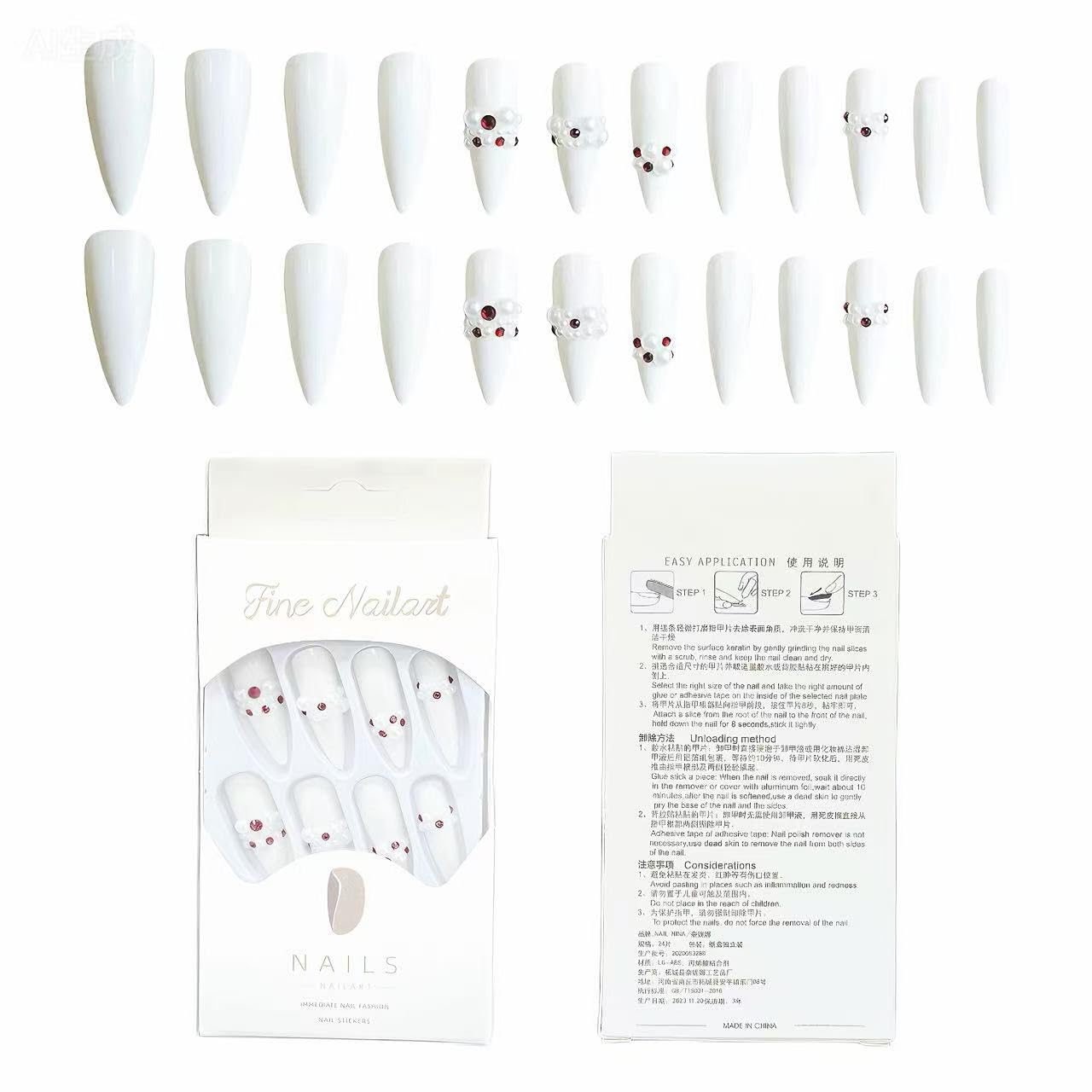 C.Z.Z.T.T.NAILS 24pcs Luxury Long Almond Press On Nails, White Fake Nails with Pearl&Red crystal Accents, Reusable Bridal Nail Art for Weddings, Parties & Special Occasions