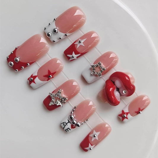 Gleamrain 10pcs Nude Handmade Long Press-on Nails Coffin Shape (M Size) with 3D Designs for Women Suitable for Beach Proms, Parties Wear, D110