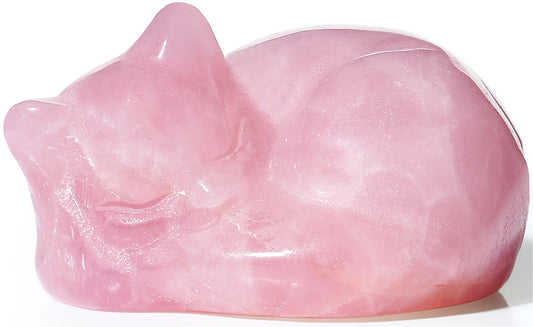 YATOJUZI 2" Cat Decors Statue Pink Home Office Desk Decor Rose Quartz Crystals Sleeping Cats Gemstone Hand-Carved Cute Crystal Animal Statues Figurine Kitten Ornaments Gifts for Women