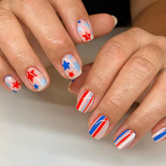 4th of July Press on Nails Short Square Fake Nails Patriotic Nails Press ons with Red Blue Stars & Stripes Design,Reusable Artificial Nails,24Pcs Nail Kit for Women Independence Day Manicure