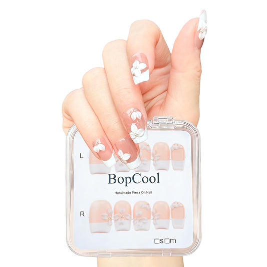 Handmade Press on Nails Short Coffin - French Tip Acrylic Fake Nails with 3D White Flower Designs, Elegant & Simple False Nails, Salon-Quality DIY Nail Art（M-10PCS)