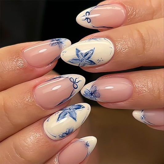 Short Almond Press on Nails - Blue Porcelain Flower & White French Tip with Bow, Full Cover Glossy Fake Nails 24PCS for Women