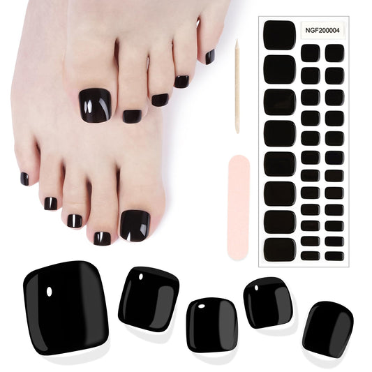 SILPECWEE Semi Cured Gel Nail Strips, Toenails Stickers Full Nail Wraps UV Light Required, Salon Quality, Easy to Apply & Remove, Toenail Strips for Women Girl (Midnight Black - 32PCS)
