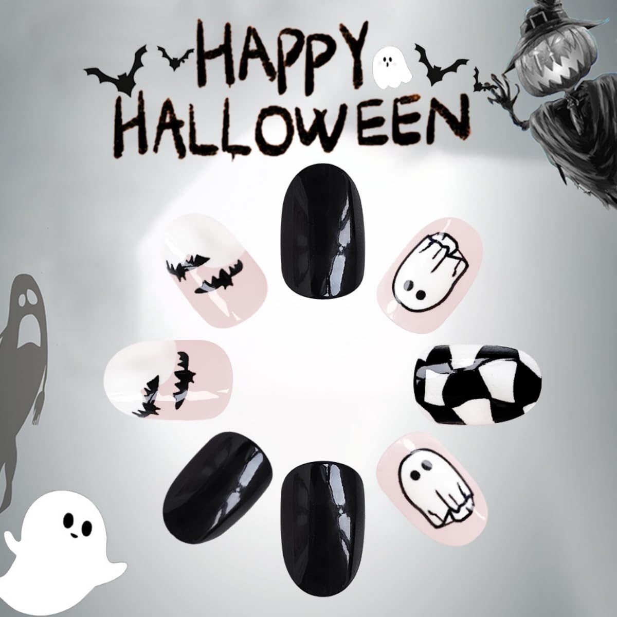 24Pcs Halloween Press on Nails Short Oval Fake Nails with Cute Ghost Bat Design Stick on Nails Black Pink Nails Press Ons Handmade Acrylic Glue on Nails for Women Nails Art Decoration