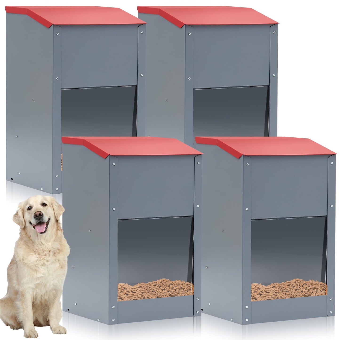 4 Pcs 25 Lbs Large Galvanized Automatic Dog Feeder Dog Food Dispenser with Handle Acrylic Panel Galvanized Gravity Feeder Thickened Rust Proof Outdoor Hanging for Doggie Breed Food Container