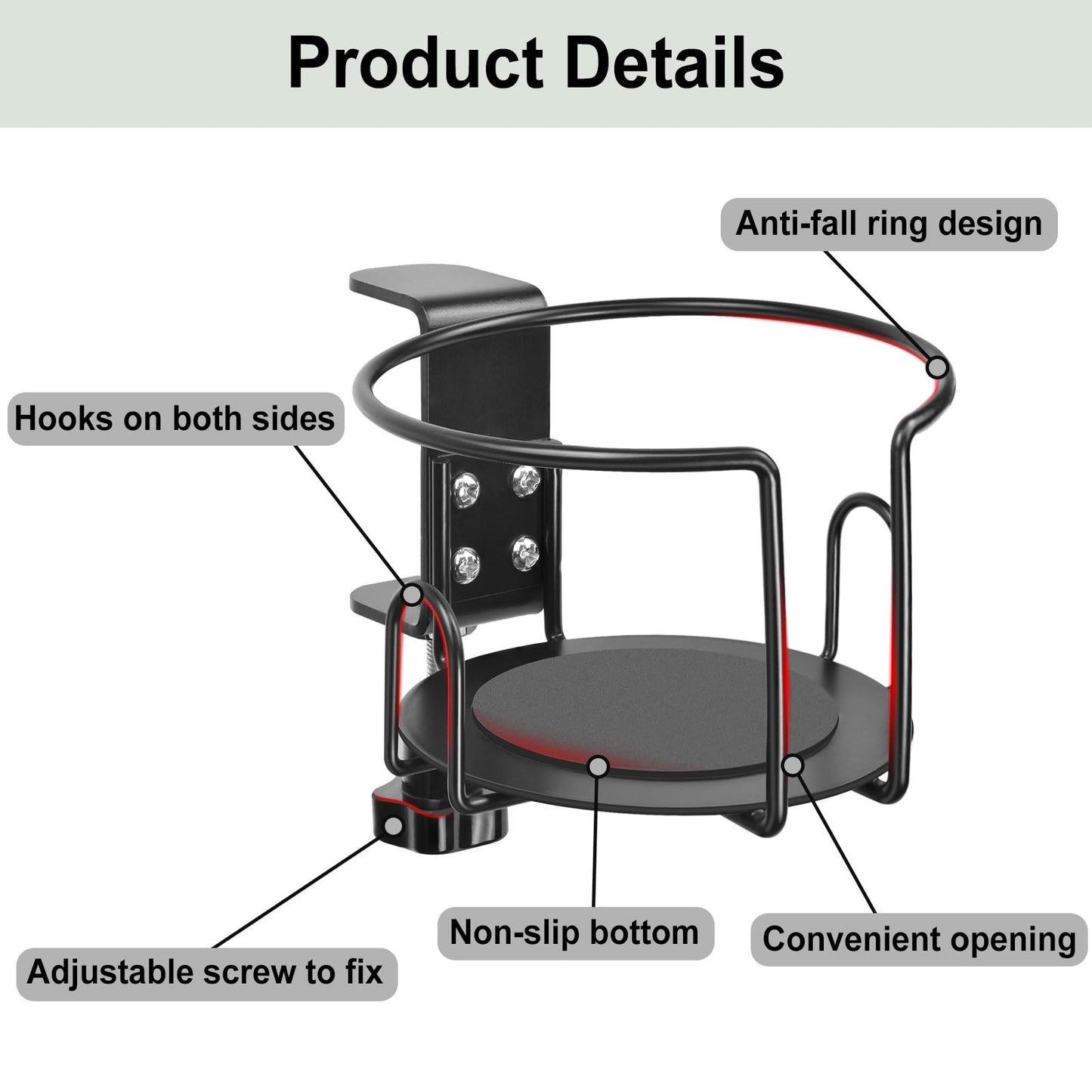 Upgraded Cup Holder, Gaming Desk Accessories Anti-Spill Drink Cup Holder for Table Edge or Chair Armrests, Clip on Desk Side Cups Holders for Home or Outdoor Camping -Black