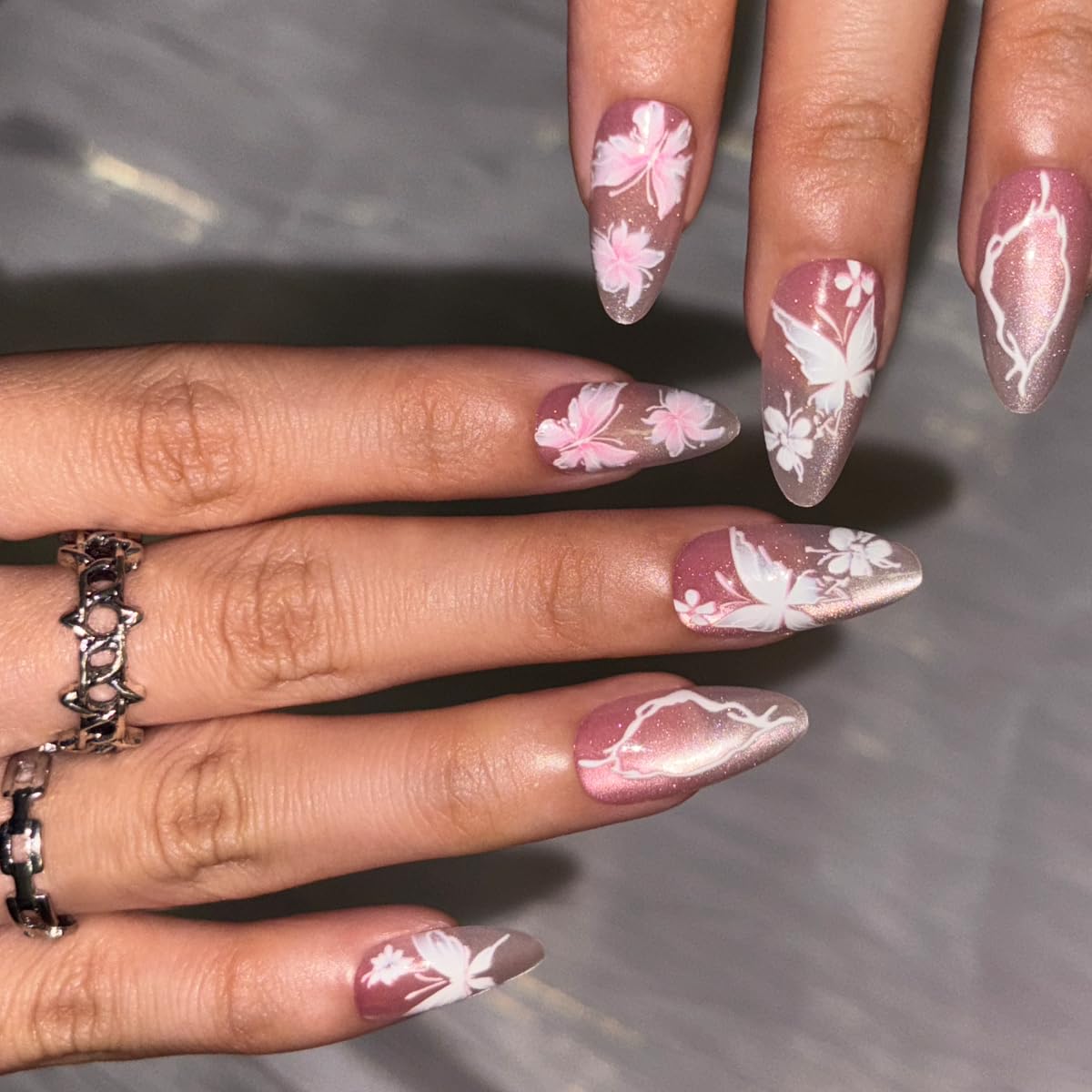 Spring Press on False Nails Pink Ombre Cat Eye Fake Nails Medium Almond Glue on Nails with Cute Butterfly Flower Designs Press ons Stick on Nail for Women Manicure 24Pcs