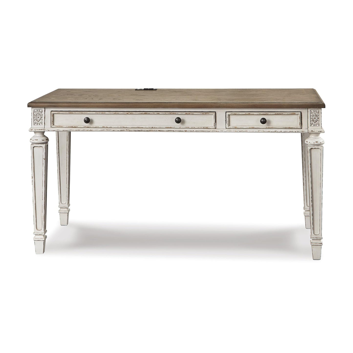 Signature Design by Ashley Realyn Farmhouse Home Office Desk, 2 Drawers, Drop-down Drawer, USB Charging, Wood, 60" W x 28" D x 31" H, Chipped White and Brown